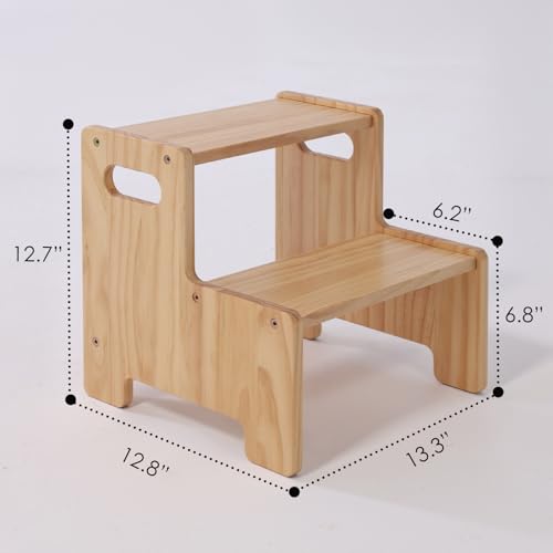 Image of Wooden Step Stool,Two Step Stool for Kids,Toddler Montessori Stool Supports 300 lbs Kids Toddler Stepping Stool for Bathroom Sink /Toilet /Kitchen /Bed,Natural