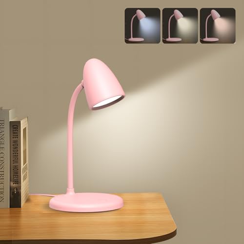 RORENSE LED Desk Lamp for Home Office,3 Light Colors, Table Lamp,Dimmable Reading Light for Bedside Small Desk Lamp for College Dorm Room,Bedroom Desk Light Pink