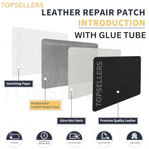 Image of TOPSELLERS BLACK Leather Repair Patch Kit with Super Strong Glue Tube - Premium Genuine Leather for Sofa, Car, Bike Seats & More