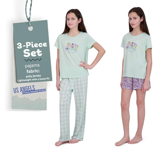 Girls Pajamas Set - 3-Piece PJs Set, Tee, Pants & Shorts, Soft Girls’ Sleepwear, Teen Kids Pajamas, Sizes 5-162