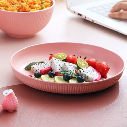 Image of Wheat Straw & Bamboo Fiber Plates Set, Lightweight Unbreakable Dinner Plates, Microwave and Dishwasher Safe, Plates Easy to Clean & Reusable (9 Inches, Pink, Set of 6)
