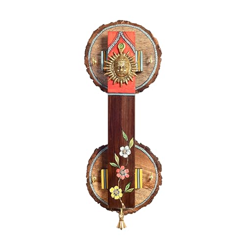 Image of AAKRITI ART CREATIONS Key Holder, Abha Key Hanger with Brass Motifs and Beautiful Artwork | Rustic Brass & Wooden Wall Organizer with 4 Hooks | New Home Gifts.