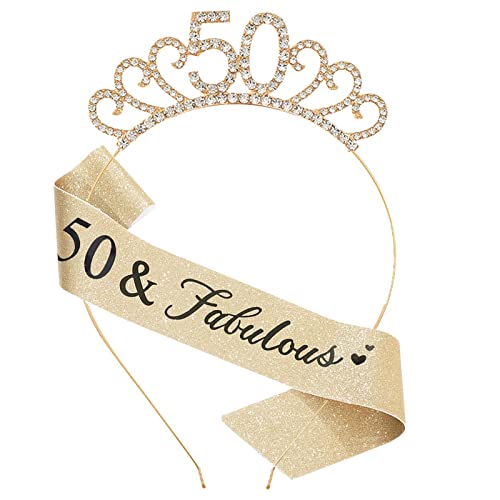 MIOSJI 50th Birthday Sash and Crystal Tiara Crown for Women 50th Birthday Decorations Gift Party Accessories