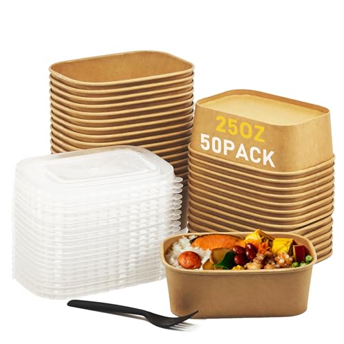 25OZ Paper Food Containers [with Lids & Forks] Disposable Meal