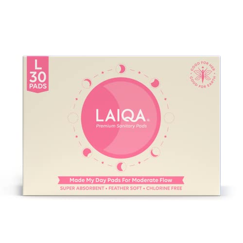 Image of LAIQA Ultra Soft Moderate Flow Sanitary Pads for Women| 30 Large Premium Pads with 30 Disposable Bag+2 Free Pantyliners|Made with Natural Fibers|Rash-Free Pads with 4 wings|No Chlorine|No Fragrance