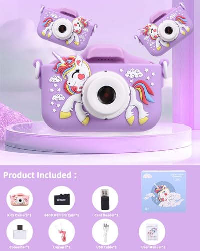 Kinderkamera,Kinder Kamera 1080P Bildschirm Kamera Kinder mit 64GB-Karte Selfie Digitalkamera Kinder Fotoapparat Kinder für 3-12 Jungen Mädchen Geburtstagsgeschenk Weihnachten Spielzeug