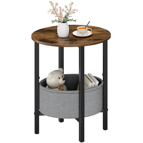 Vagusicc Round Side Table End Table with Storage Basket, Small Side Table Round Nightstand for Small Spaces, Tall Oval End Table with Steel Frame, Coffee Bedside Table for Living Room, Rustic Brown