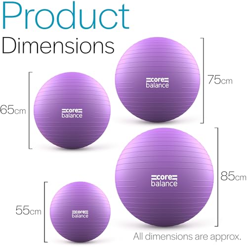 Image of Core Balance Exercise Ball, Stability Ball for Yoga, Pilates and Fitness, Gym Ball for Home Gym and Office Chair, Training, Physical Therapy, Anti Burst, Pump Included, 55cm 65cm 75cm 85cm