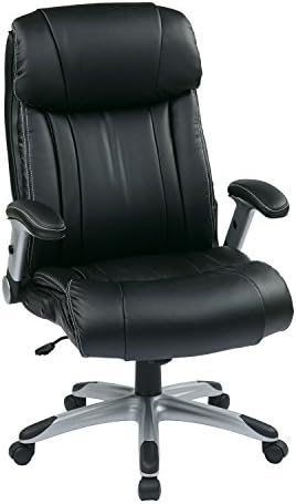 Office Star ECH Series High Back Executive Bonded Leather Office Chair with Adjustable Padded Flip Arms, Black with Silver Coated Base