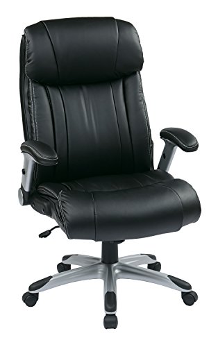Office Star Ech Series High Back Executive Bonded Leather Office Chair With Adjustable Padded Flip Arms, Black With Silver Coated Base #TOP3