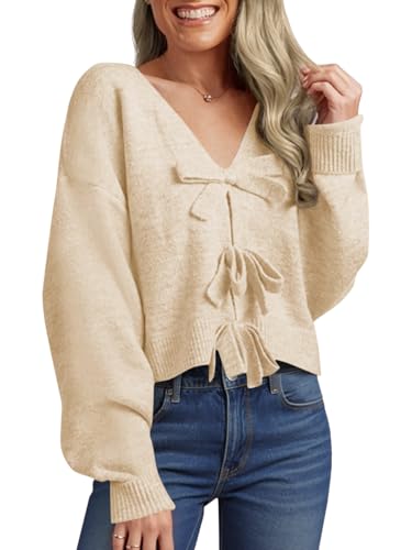 Image of Saodimallsu Womens Bow Sweater Cropped V Neck Long Sleeve Pullover Tops | Soft Cozy Knit, Two-Way Wear Design, Front & Back Bow, Cute Fall Tops 2026, Winter Fashion, Dressy Casual Holiday Outfits