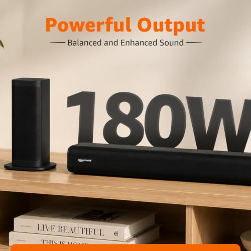 Image of amazon basics 180W Soundbar with Subwoofer & Surround Speakers, 5.1 Channel Home Theatre Sound System for TV, HDMI ARC, Optical, Bluetooth 5.3, USB, AUX, SD Card, Remote Control, Deep Bass, Black