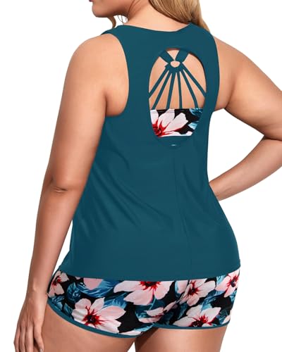 Image of Holipick Women Plus Size Swimsuits - Athletic 3 Piece Tankini with Shorts | Sports bikini top, high waist shorts, tank top, removable pads. Athletic style for water activties