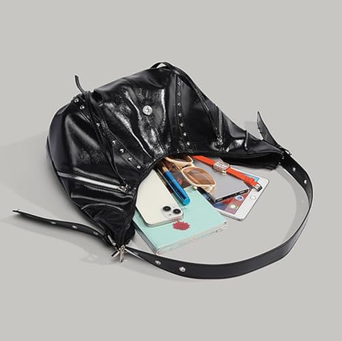Women's Patent Leather Hobo Bag, Punk Style Rivets Bucket Crossbody Bag, Large Capacity Slouchy Shoulder Tote for Commute4