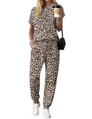 Ekouaer Womens Cotton Short Sleeved Top and Joggers Set 2 Piece Lightweight Lounge Sets Comfortable Vacation Outfits brown Leopard Print M