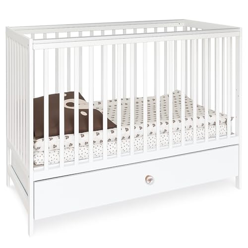 Cuna blanca DODO 120x60 con cajón - Colchón ajustable en altura de 3 niveles - Madera con mordedores - Peldaños extensibles