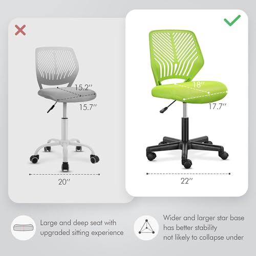 Image of Yaheetech Small Desk Chair, Armless Adjustable Swivel Seat, Green | Padded mesh seat and ventilated resin back, compact armless frame rolls and adjusts for study and small desks, holds 300 lb.