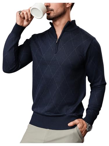 SOLY HUX Plaid Sweaters for Men Half Zip Mock Neck Long Sleeve Knit Argyle Sweater Pullover Tops