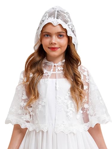 Kids Girls Lace Flower Girl Bolero Shrugs Sheer Mesh Hooded Cape One Button Wedding Dress Cover Up3