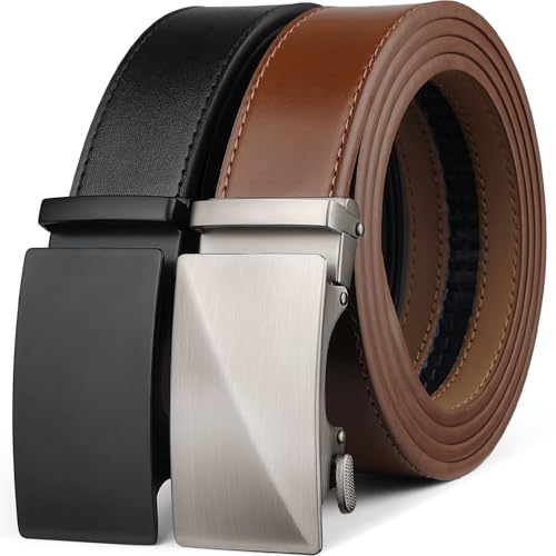 Image of Founders & C Mens Belt 2 Pack,Leather Ratchet Click Belt Dress with Slide Buckle 1 3 /8 inch in Gift Set Box- Size Adjustable