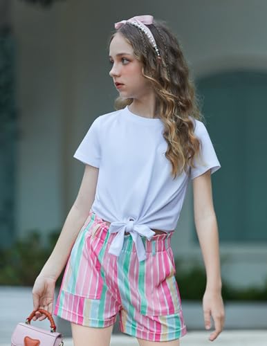 Image of Arshiner Girls 2 Piece Outfit Summer Drop Shoulder Batwing Sleeve Tops and Paperbag Waist Shorts Set Cute Clothing Size 6-14