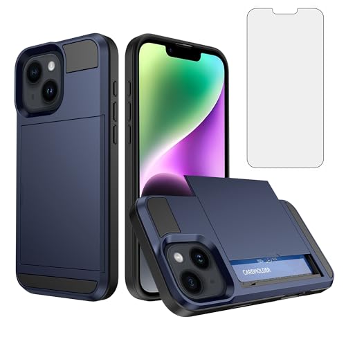 Coque iPhone 14 Asuwish bleu avec protège-écran en verre trempé et un porte-carte intégré