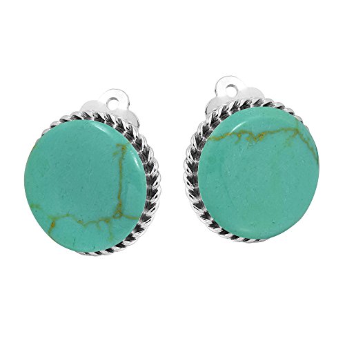 Aeravida Vintage 18 Mm Round Simulated Turquoise Button .925 Sterling Silver Clip On Earrings | Classic Sterling Silver Clip On Earrings For Women | Jewelry Gift #TOP1