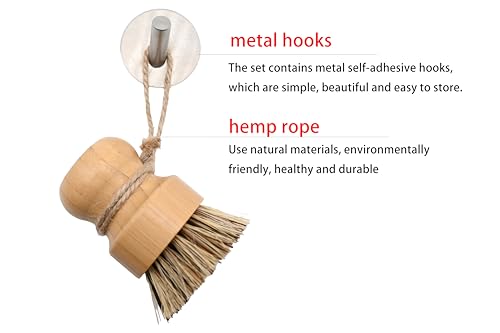 Image of Bamboo Dish Brush, Kitchen Dish Brush Set for Cleaning Dishes, Sinks, Cast Iron Pots /Pans and Vegetables, Sisal Bristles and Bamboo Grip - 1 pc + Hook + Plate Set (Plam Brush Dish Hook)