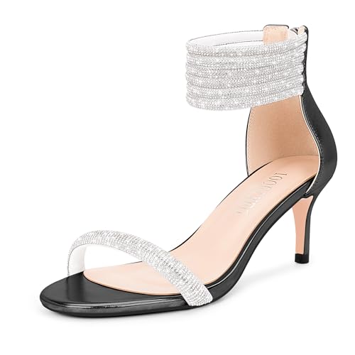 100FIXEO Rhinestone Embellishment Stiletto Heels Sandals Open Toe Ankle Strap Wedding Dress Shoes