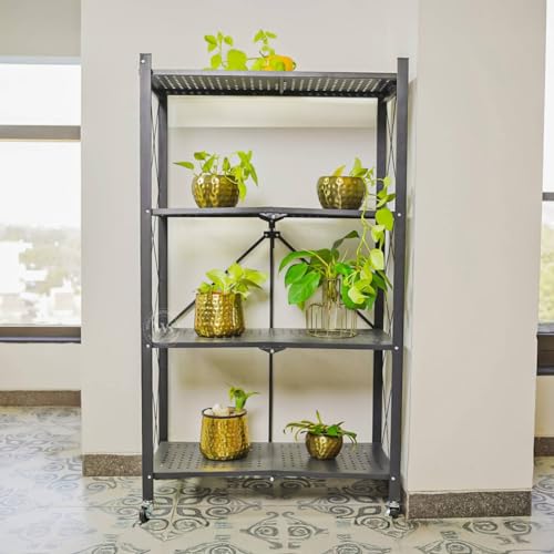 Image of Wooden Street Crisscross 4-Layer Foldable Storage Trolley with Wheels | Multipurpose Metal Rack for Home | Premium Rolling Cart Stand for Spices, Crockery & Planters | Durable & Space-Saving | Black