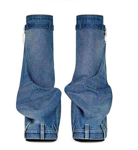 LEMONADE Women's Denim Boots Padlock Fold Over Knee High Platform Boots Pull-On Boots3