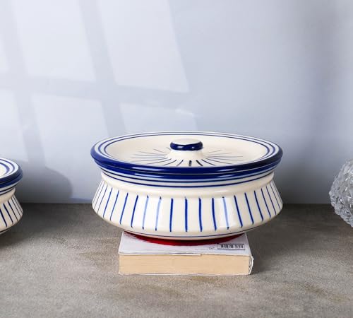 Image of Niyara Premium Ceramic Casserole /Donga Set with Lids - Handcrafted Serving Bowls for Hot Food, Microwave & Dishwasher Safe - Set of 3, Sizes: 1000ML, 650ML, 550ML (Blue line design)