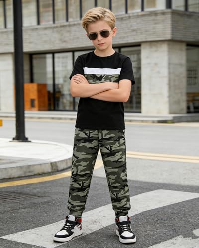 Image of OLMRJKD Boys 2 Piece Outfits Color Block Clothes Short Sleeve T Shirt and Camouflage Pants Summer Clothing Sets