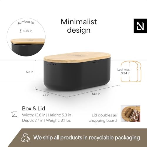 Image of LARS NYSOM Bread Box I Metal Box for long lasting freshness I Bread Bin with bamboo lid usable as cutting board I 13.8x7.7x5.3 In (Midnight Black)