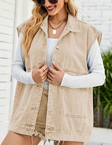 Image of PAODIKUAI Women's Oversized Denim Vest - Sleeveless Distressed Jean Vest with Pockets for Casual Layering