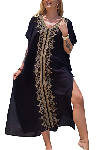 Orshoy Womens Bohe Kaftan Dress Long Beach Cover Up Swimsuit Bathing Suit Beachwear Nightwear M-Black