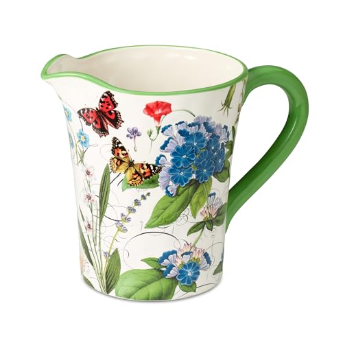 Greenhouse 112-Ounce Ceramic Pitcher, Vibrant Floral Design with Butterflies &
