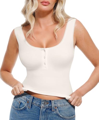 Popilush Tank Top for Women - Womens Tops Casual Y2K Going Out Tops Sleeveless Henley Shirts Square Neck