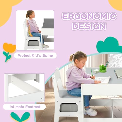 Kinder King Kids Wood Table & 2 Chairs Set, 3 in 1 Children Activity Table w/Storage, Removable Tabletop, Blackboard, 3-Piece Toddler Furniture Set for Art, Crafts, Drawing, Reading, Playroom, Grey