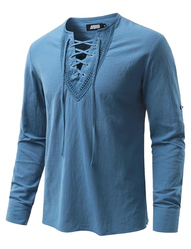 Image of JOGAL Mens Renaissance Shirt Medieval Pirate Viking Halloween Costume Gothic Steampunk Retro Long Sleeve Lace Up Shirts