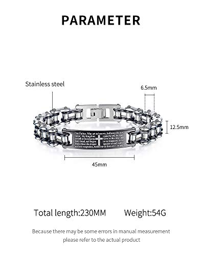 Mens Bracelet Stainless Steel 12.5mm Motorcycle Bicycle Biker Chain Bracelet Lords Prayer Cross Christian Religious Jewelry, 9inches4