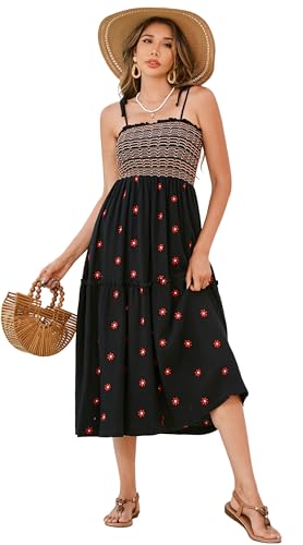 Image of R.Vivimos Womens Summer Cotton Boho Midi Dress 2026 Spaghetti Strap Floral Embroidered Smocked Tiered Flowy Long Dresses