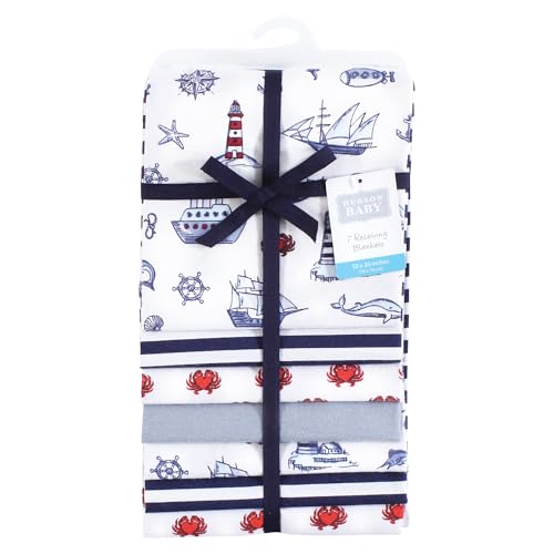 Image of Little Treasure Hudson Baby Cotton Poly Flannel Receiving Blankets Multipack, Blue Lighthouse, 30x30 inches