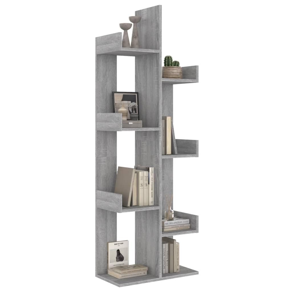 Librería en forma de árbol 48 x 25,5 x 140 cm gris Sonoma madera diseño moderno con soporte de pared ahorra espacio para sala de estar, oficina, dormitorio, pasillo