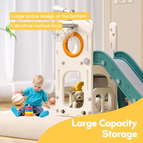6 in 1 Toddler Playset with Slide,Toddler Slide,Slide for Kids with Basketball Hoop,Ball,Ring Toss,Kids Slide Toddler Playground Toddler Slide Indoor Outdoor Toys
