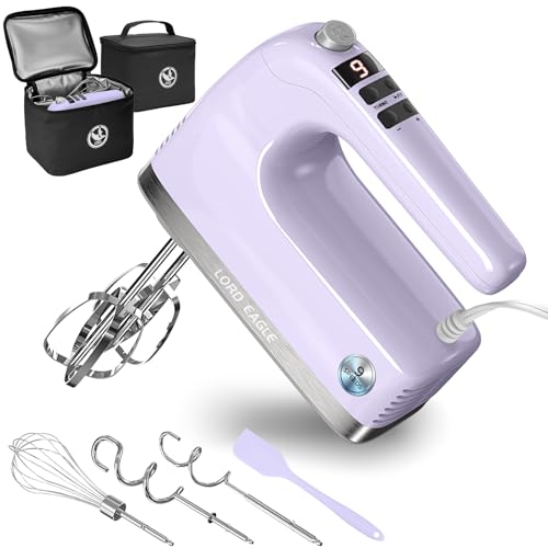Image of Lord Eagle 9-Speed Digital Hand Mixer Electric Handheld, 500W DC Motor Kitchen Mixer for Cake Baking, Lightweight Egg Beaters with Stain-resistant & Waterproof Storage Bag & 6 Accessories, Purple