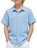 Arshiner Jungen Hemden Leinen Sommer Kinder Leichtes Kurzarmshirt Freizeit Komfort Hemd für Jungen 12 13 Jahre Blau