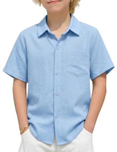 Arshiner Jungen Hemden Leinen Sommer Kinder Leichtes Kurzarmshirt Freizeit Komfort Hemd für Jungen 14-15 Jahre Blau