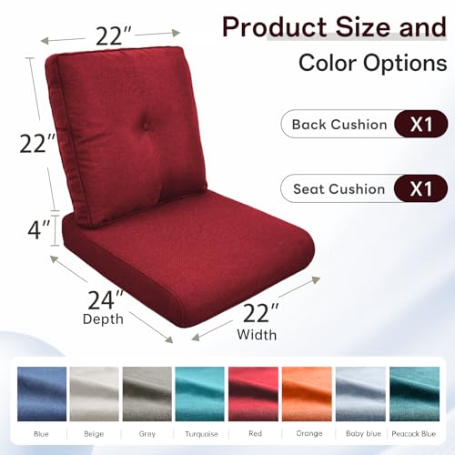 Image of Luxury 4 inch Thick Outdoor Cushion Set of 6 - 22x24 Patio Furniture Cushions with 28D High-Density Foam, Water-Resistant & Fade-Resistant Fabric, Removable Covers for Patio Furniture Sofa Couch -Red