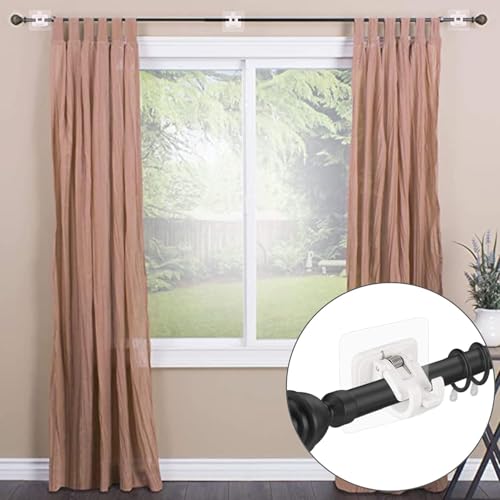 Image of 4 Pack Self Adhesive Curtain Rod Brackets White No Drill Curtain Rod Holder Hooks Heavy Duty Wall Mount Rod Supports for Home Bathroom Hotel Bedroom Window Curtains Without Screws or Drilling